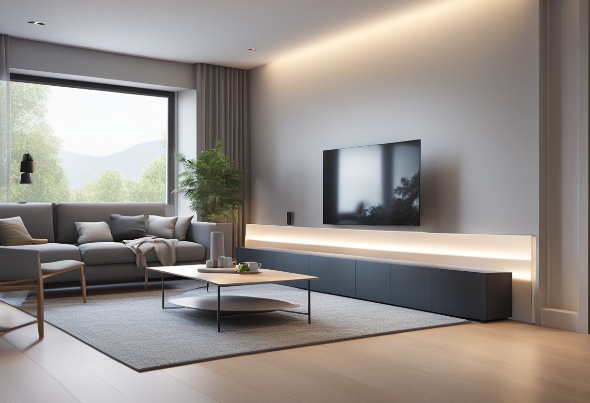 A modern living room with smart electric baseboard heaters mounted along the walls. The heaters are sleek and minimalist in design, with digital controls and sensors for efficient temperature regulation