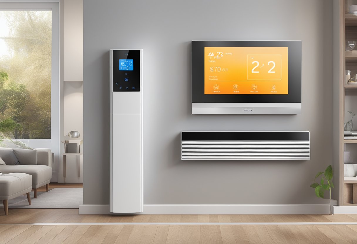 A modern smart home system integrates with baseboard heaters, displaying control panel and temperature settings