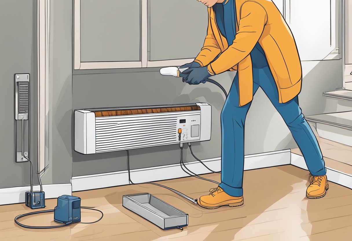 Smart electric baseboard heaters being installed and maintained in a modern home setting. Tools and equipment are scattered around as the installation process takes place