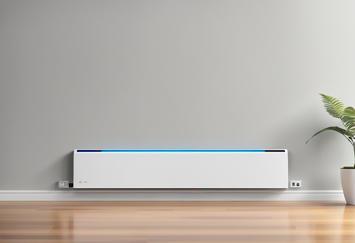A smart electric baseboard heater mounted on a clean, white wall with a digital display showing temperature settings and a sleek, modern design