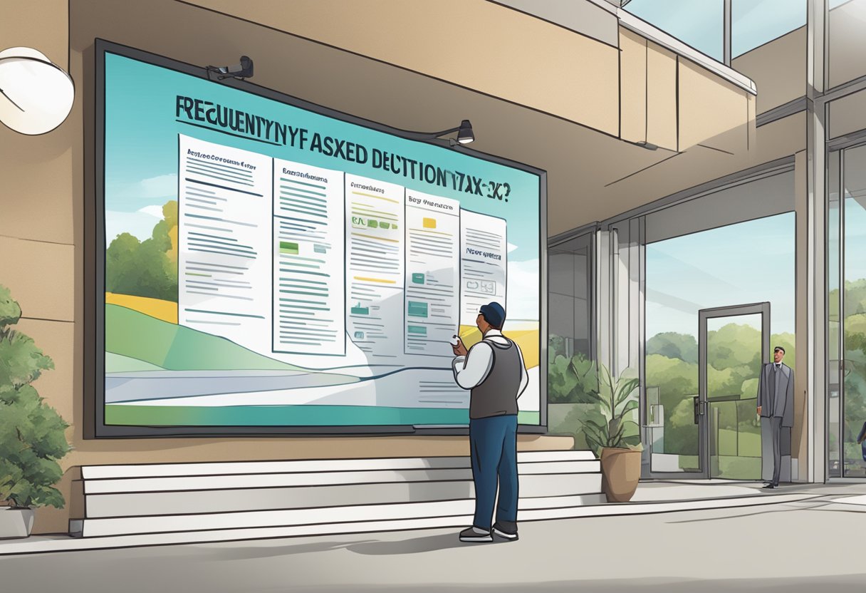 A large sign with "Frequently Asked Questions: Tax Credit vs Tax Deduction" displayed prominently. A person reading a brochure nearby