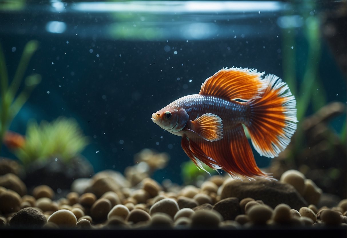 A betta fish is lying at the bottom of a tank, showing signs of distress. Its fins are clamped, and it appears lethargic