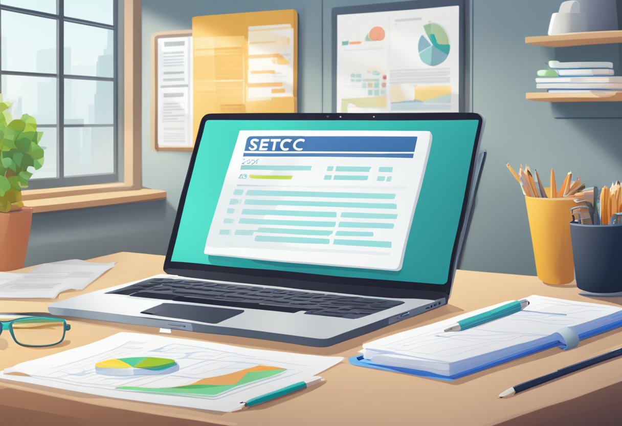 A table with a laptop, calculator, and papers. A banner with "SETC 2023" and a list of "Frequently Asked Questions" on a wall