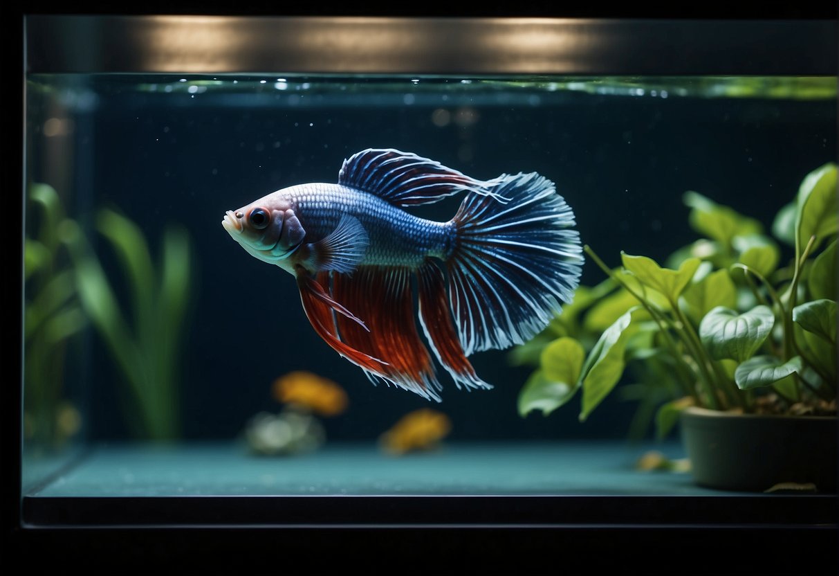 A betta fish rests at the bottom of a still tank, surrounded by floating plants and dim lighting