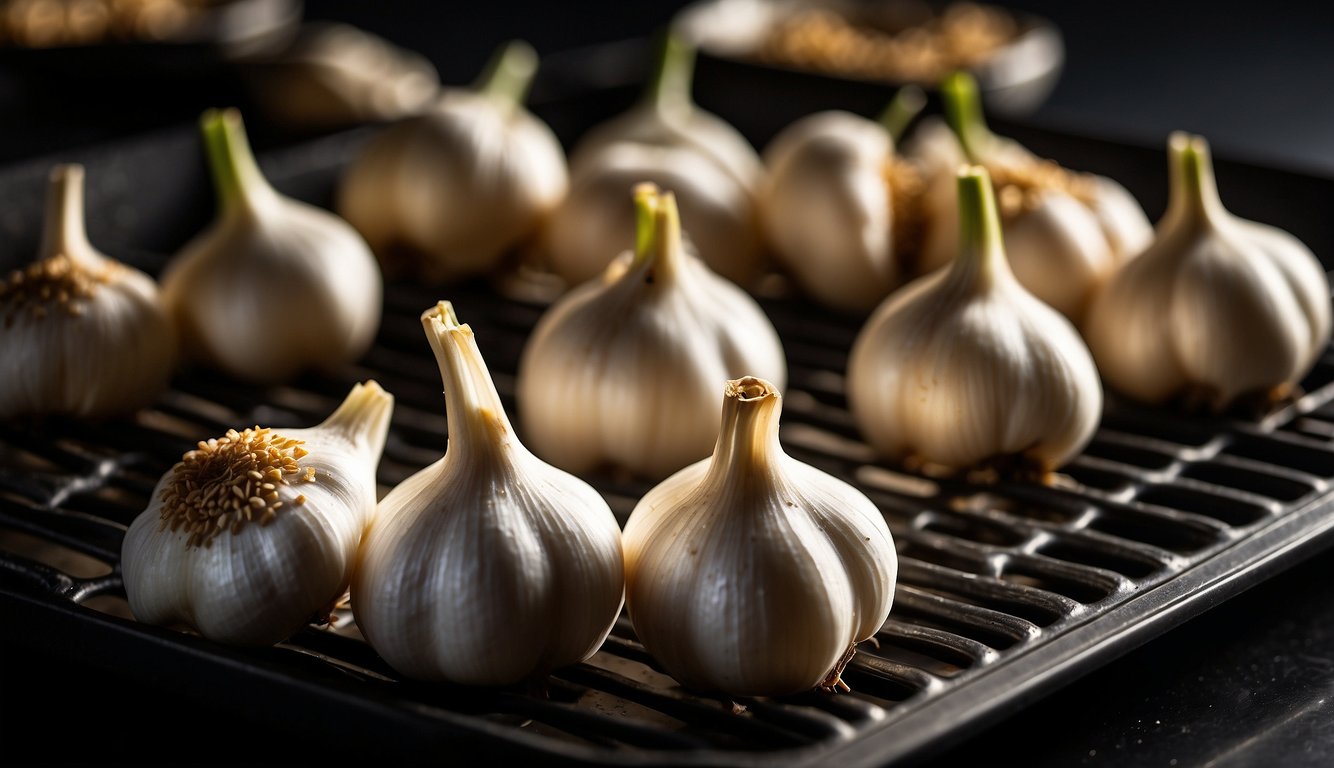 Garlic cloves arranged on baking sheet, drizzled with oil, and placed in oven for roasting