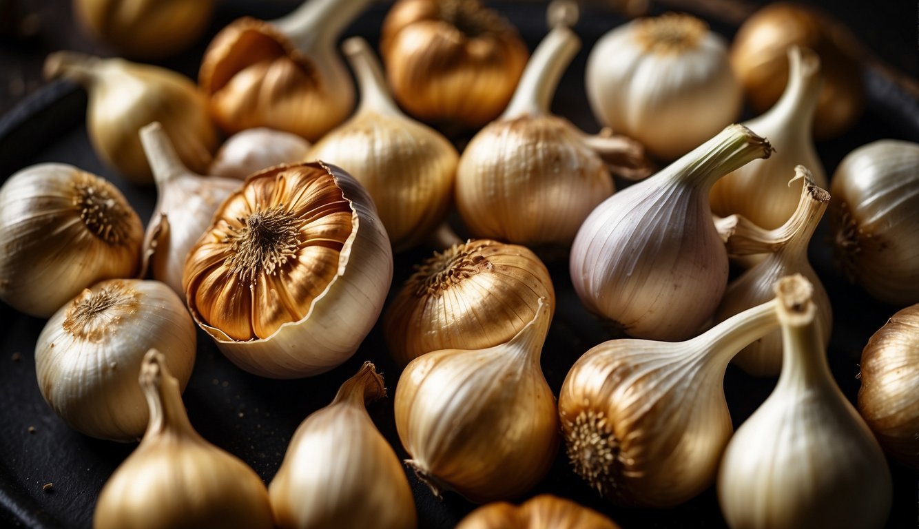 Garlic bulbs roast in a hot oven, emitting a rich, savory aroma. The golden-brown cloves are soft and fragrant, ready for use