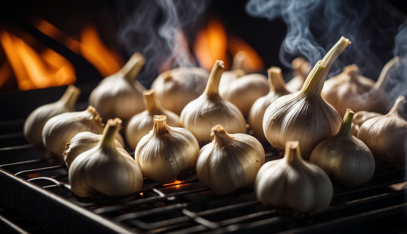 Garlic cloves roasting in oven, emitting aromatic smoke