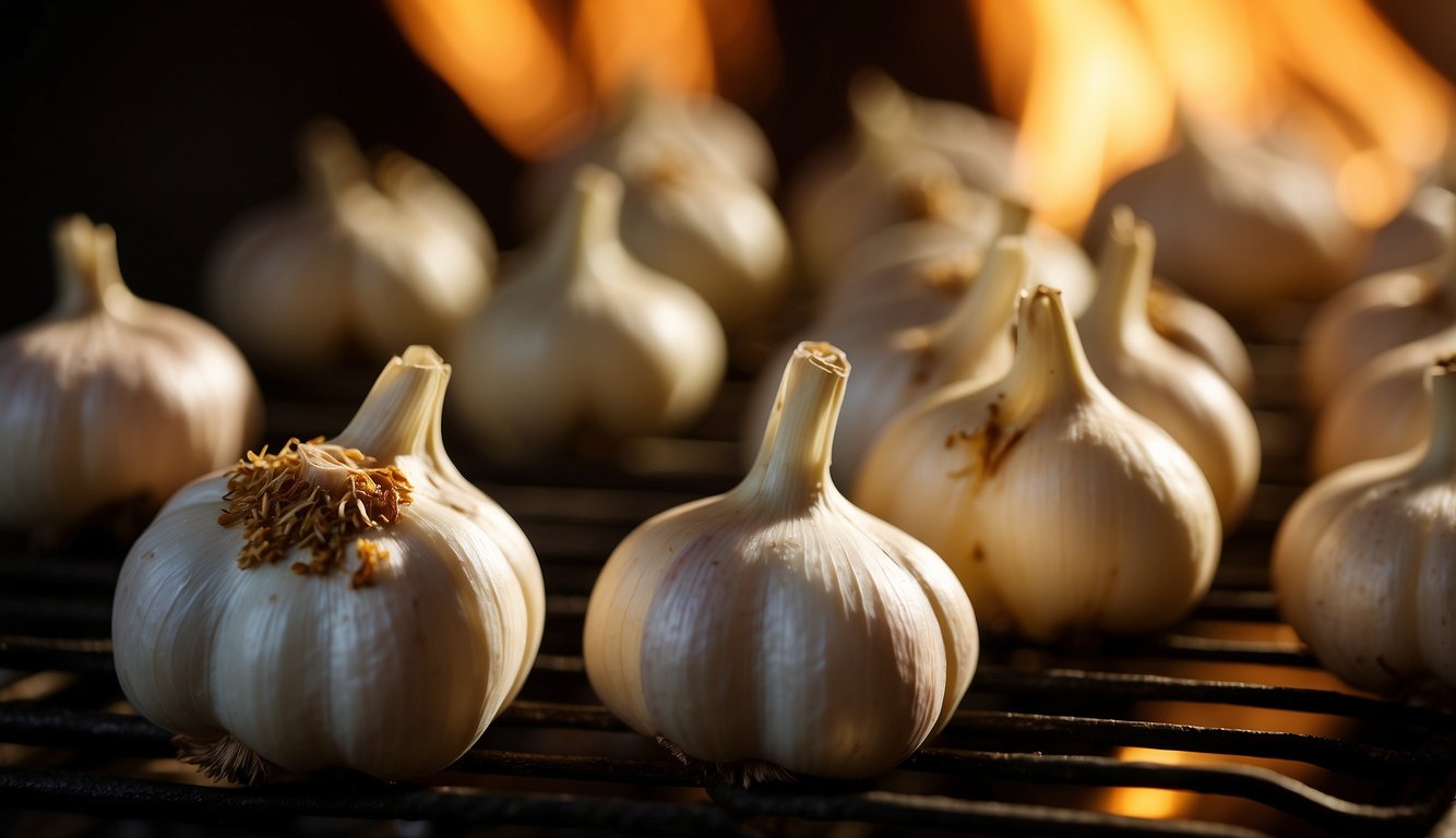 Garlic cloves sizzling in the oven, releasing a rich, savory aroma. A golden-brown hue begins to form as they slowly roast