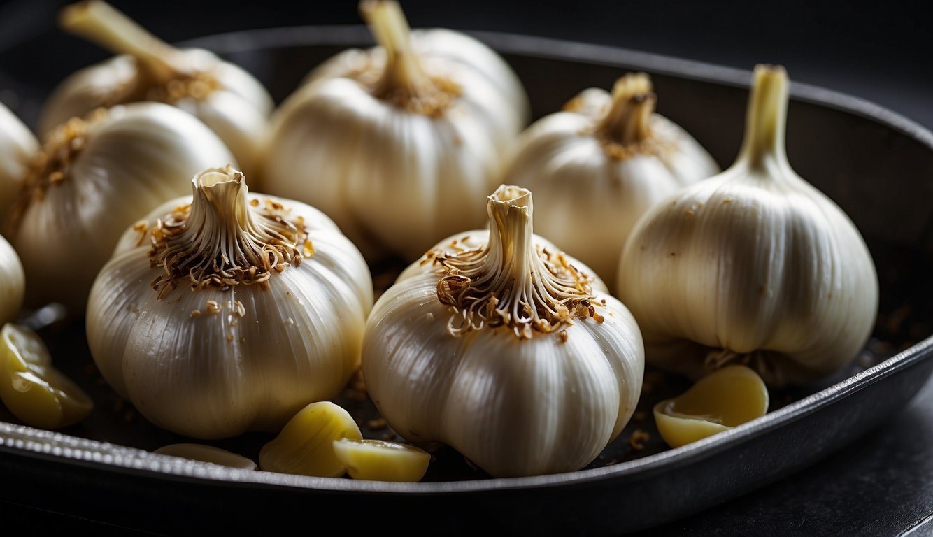 Garlic bulbs placed on a baking sheet, drizzled with olive oil, and wrapped in foil, then placed in a preheated oven
