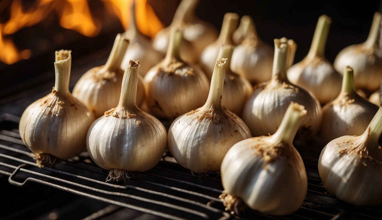 Garlic bulbs roasting in a hot oven, releasing their aromatic oils as they turn golden brown and tender