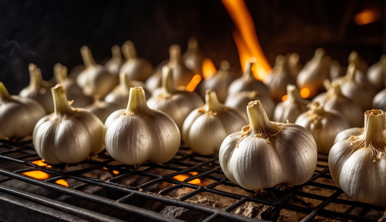 Garlic bulbs roasting in a hot oven, emitting a fragrant aroma as they turn golden brown and soft