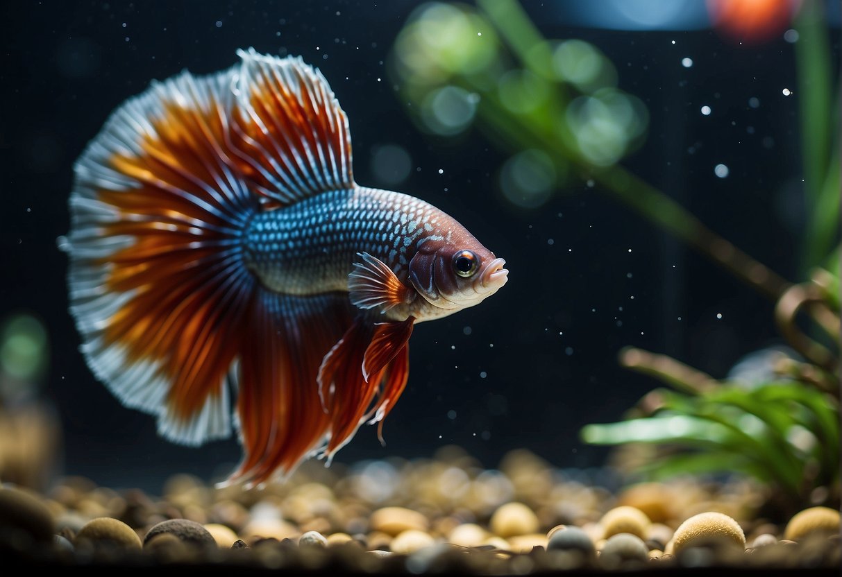 Betta fish swimming in a tank with seasonal decorations and varying water temperatures