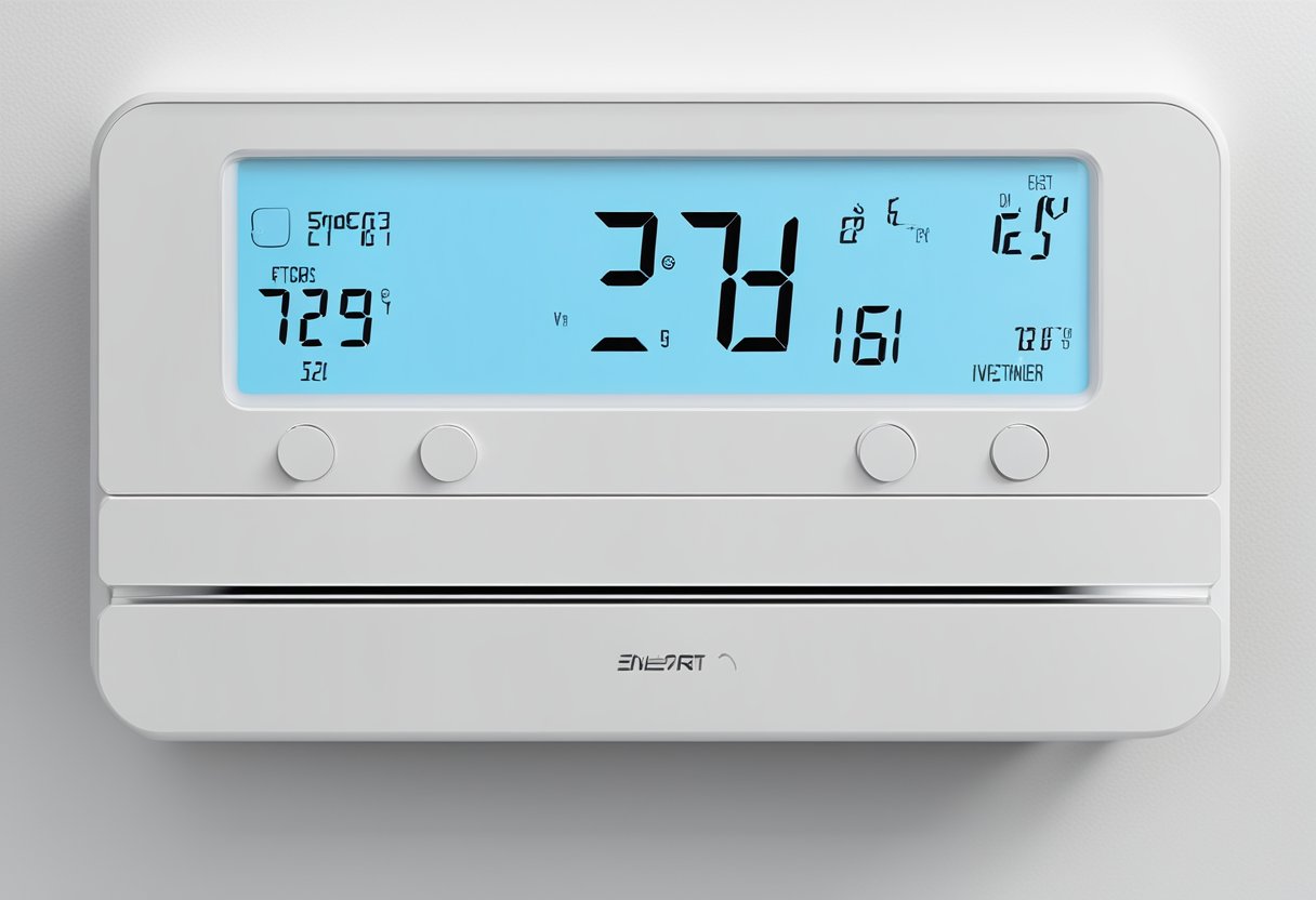 A smart thermostat is mounted on a white wall above electric baseboard heaters. The thermostat's digital display shows temperature and settings