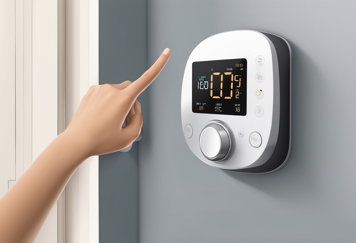 A hand reaches out to adjust a smart thermostat on an electric baseboard heater, with a digital display and sleek design