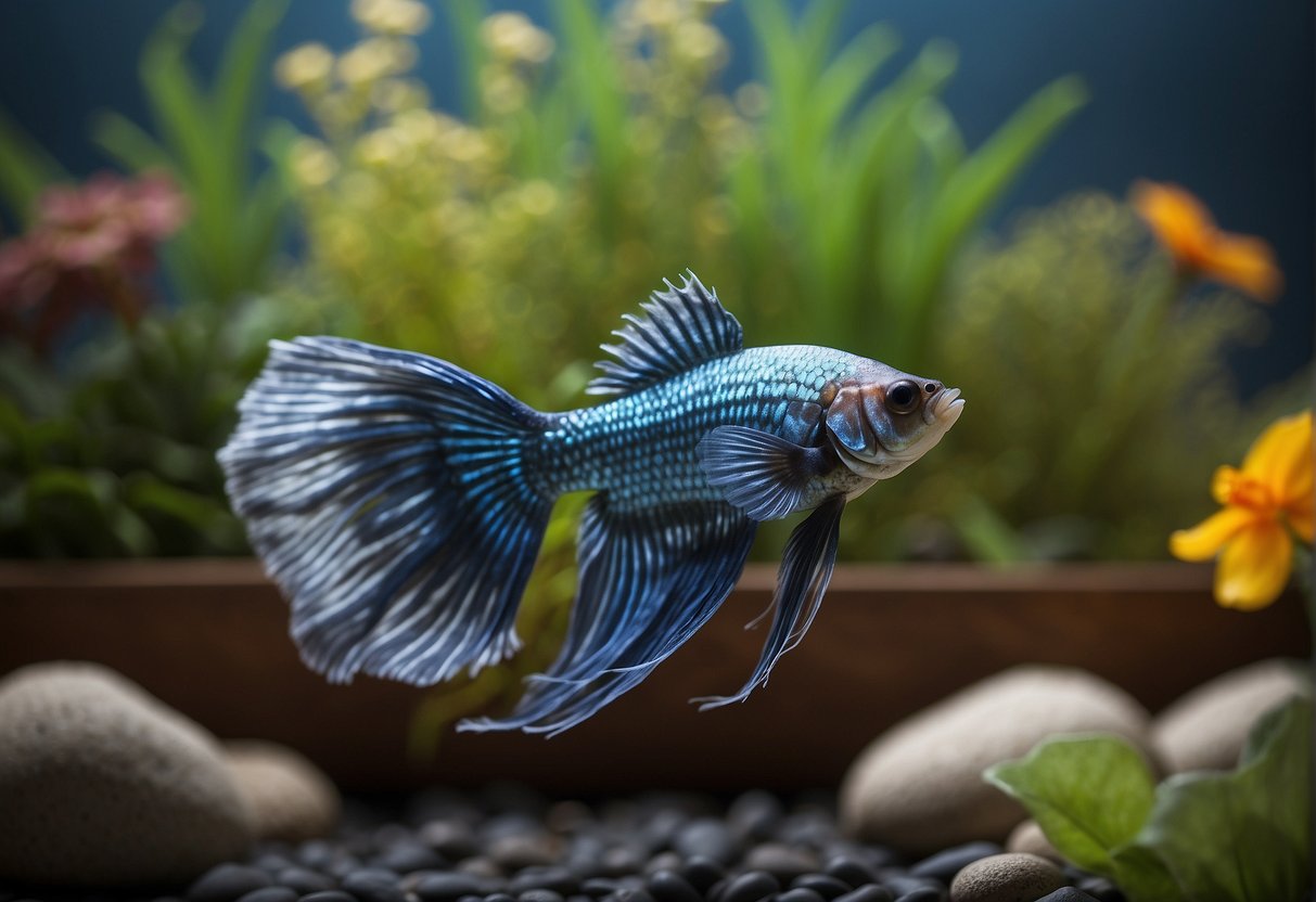 A betta fish rests on a bed of colorful gravel, nestled among swaying aquatic plants. Its body is still, with gentle gill movements indicating peaceful sleep