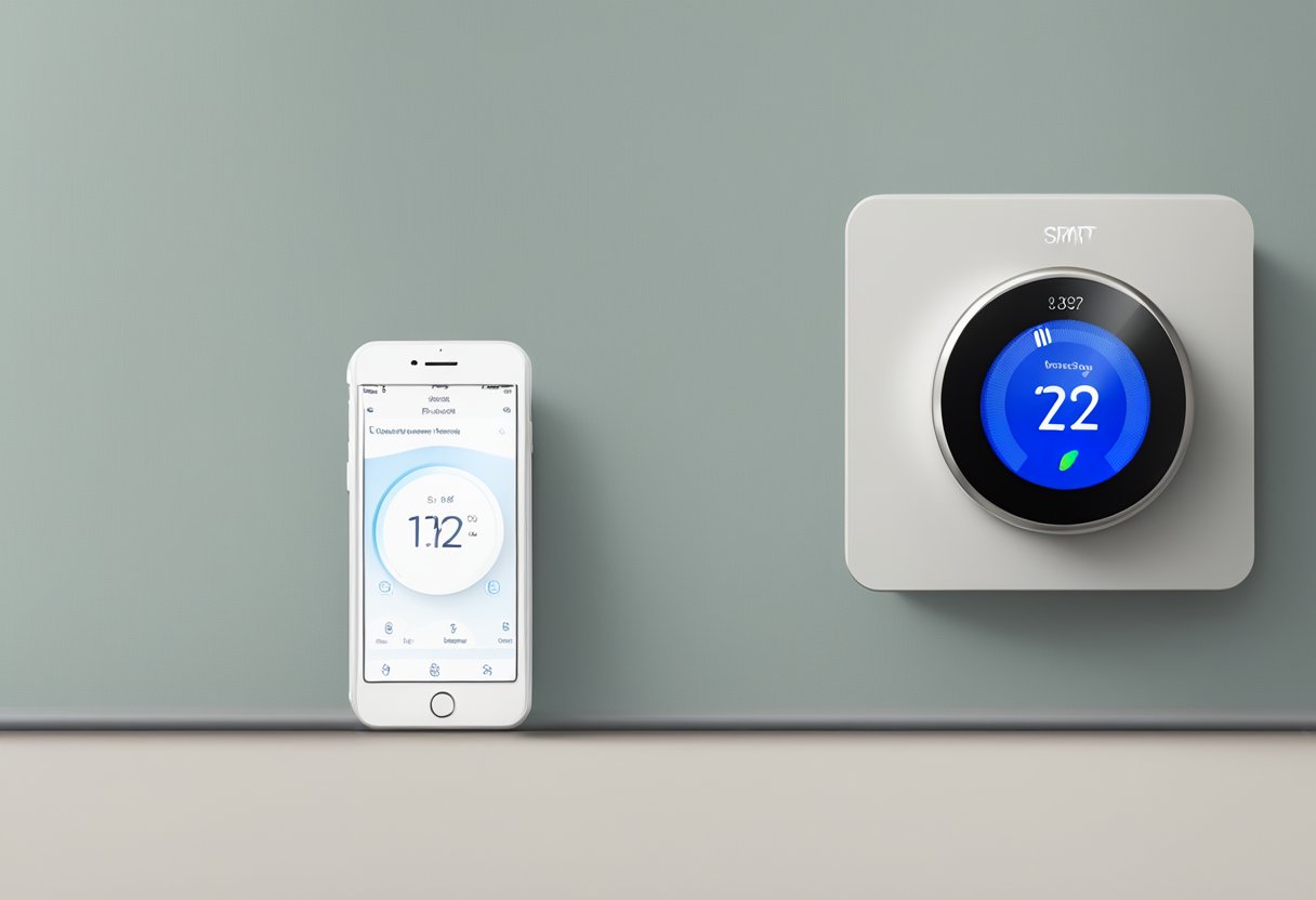 A smart thermostat mounted on a wall next to electric baseboard heaters, displaying a clear and user-friendly interface with frequently asked questions