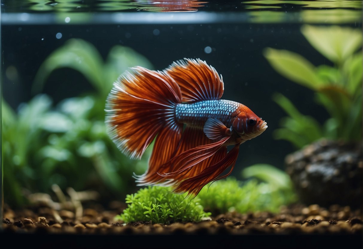 A betta fish rests at the bottom of a still tank, surrounded by plant life, with its body relaxed and motionless