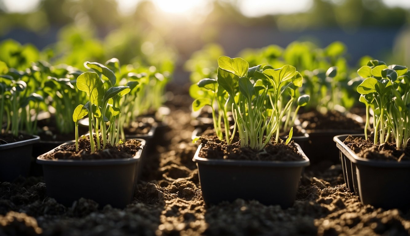 Fresh vegetable scraps sprouting in soil-filled containers, surrounded by sunlight. Green shoots emerge from the discarded ends, promising regrown produce