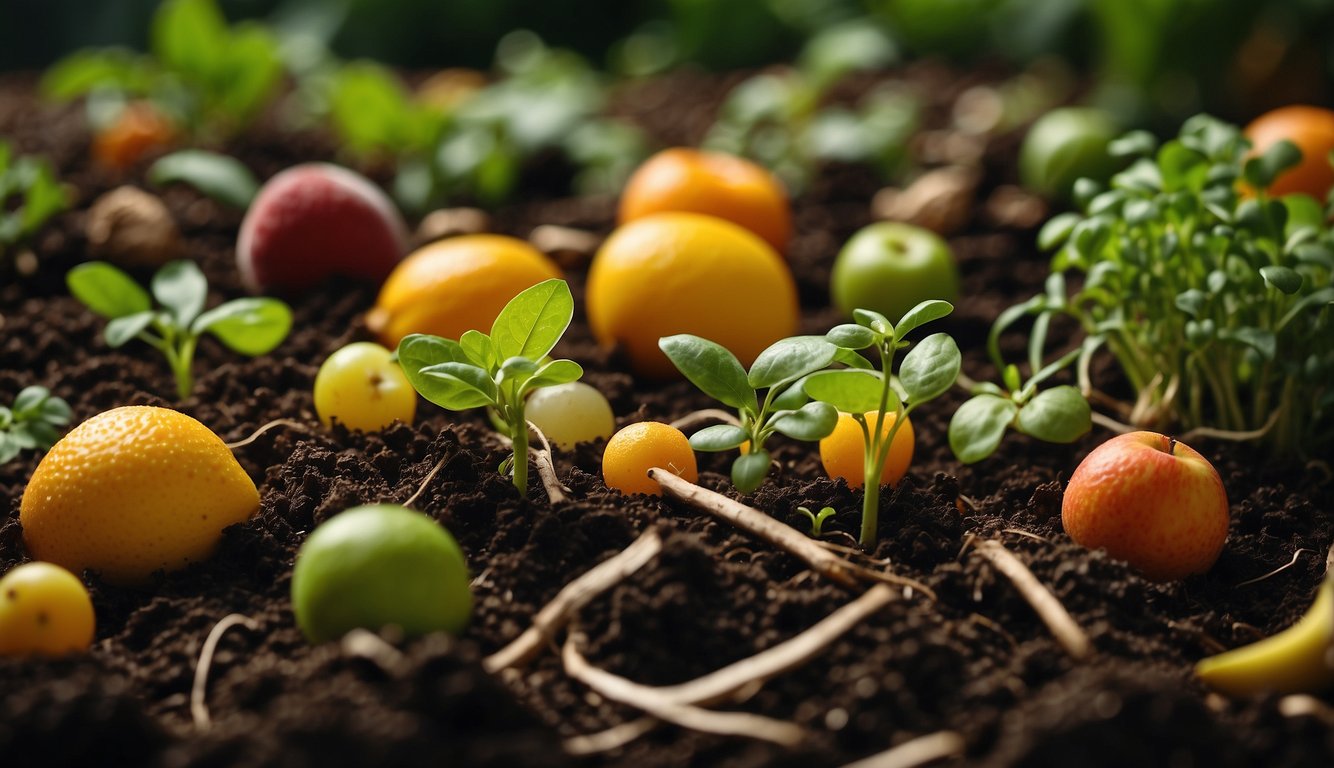 A variety of fruit scraps are placed in soil, surrounded by small sprouts and greenery, showcasing the regrowth process