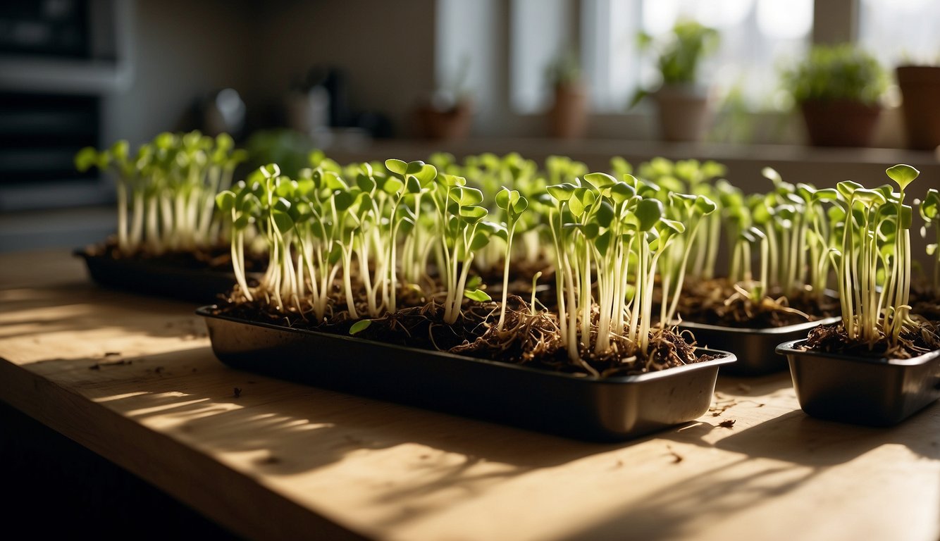 Lush green sprouts emerge from discarded vegetable scraps in a sunlit kitchen, showcasing the potential for regrowth and sustainability