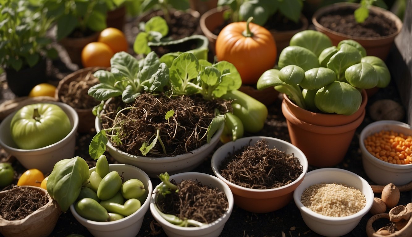A variety of food scraps sprout and grow into fresh produce, surrounded by gardening tools and pots