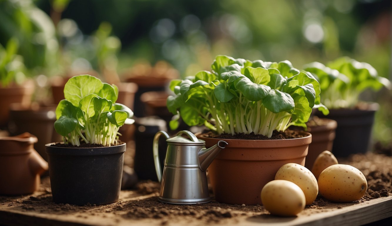 Various food scraps, like lettuce stems and potato eyes, sprout from soil in small pots, surrounded by gardening tools and a watering can