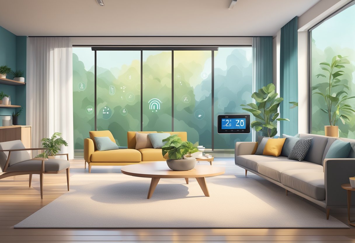 A smart thermostat adjusts humidity levels in a modern living room