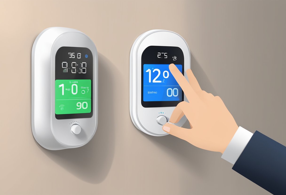 A hand reaches for a smart thermostat with a screen displaying temperature and humidity. The device is being installed and set up on a wall