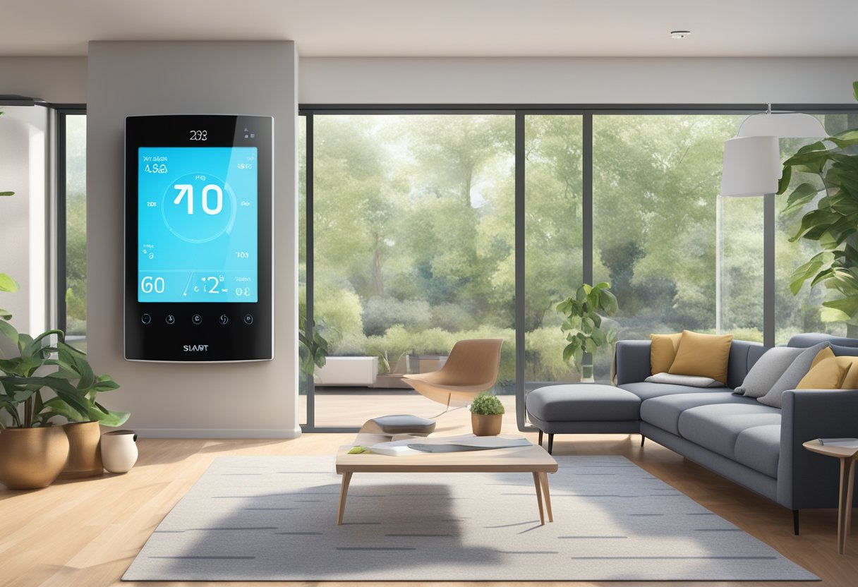 A smart thermostat with humidity control adjusts settings to maximize energy savings in a modern, well-lit living room