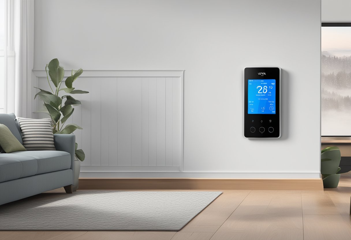 The mysa smart thermostat is mounted on a white wall above an electric baseboard heater. The interface displays advanced features and a user-friendly experience