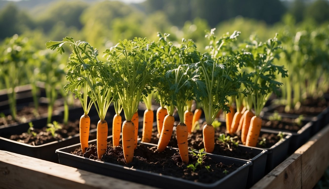Carrots growing in containers with soil, water, and sunlight