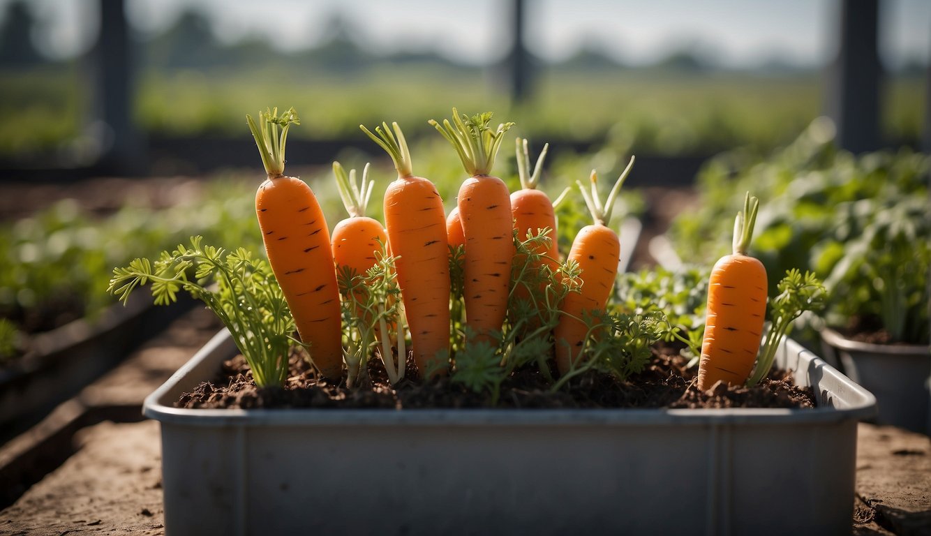 Carrots in a container with pests and diseases being managed
