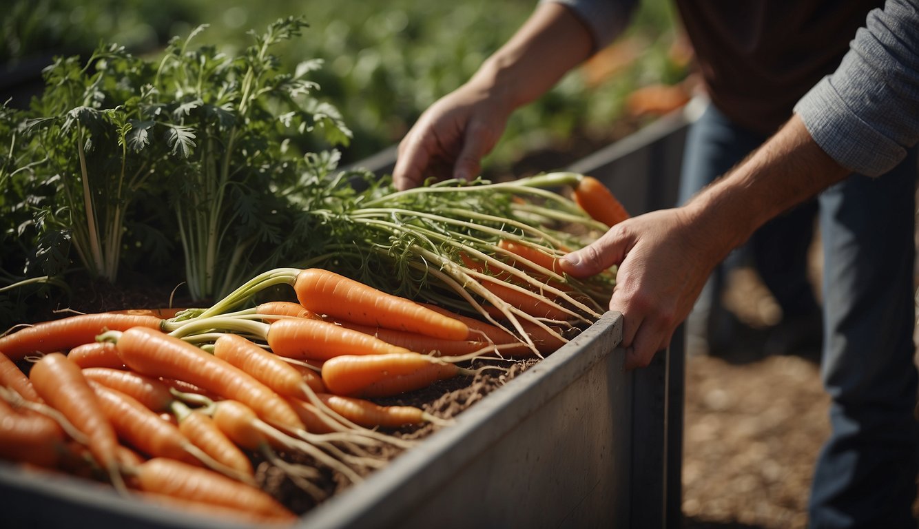 Carrots being pulled from the ground and placed into a container for storage
