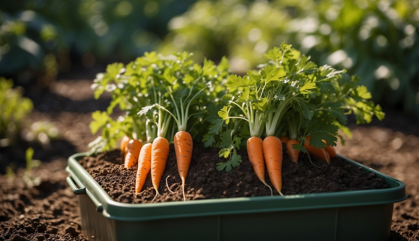Lush green leaves spill over the edges of a large, sturdy container. Vibrant orange carrots push through the soil, reaching for the sun