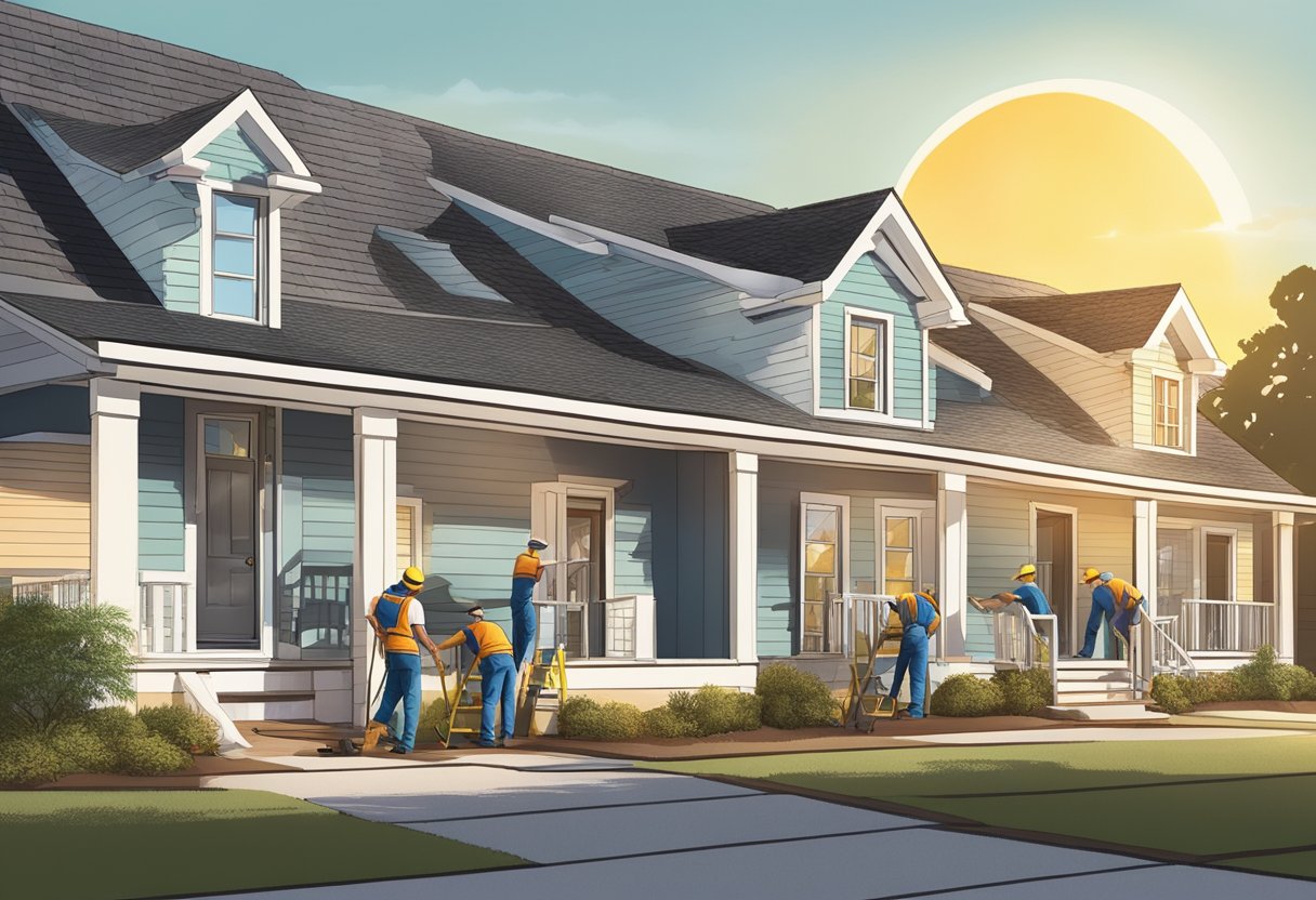 A crew of workers installs shingles on a house in Pensacola, Florida. The sun shines down as they work on the roof