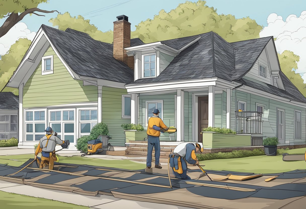 A team of roofers installs new shingles on a house in Pensacola, Florida. Old roofing materials are removed and replaced with fresh, durable materials