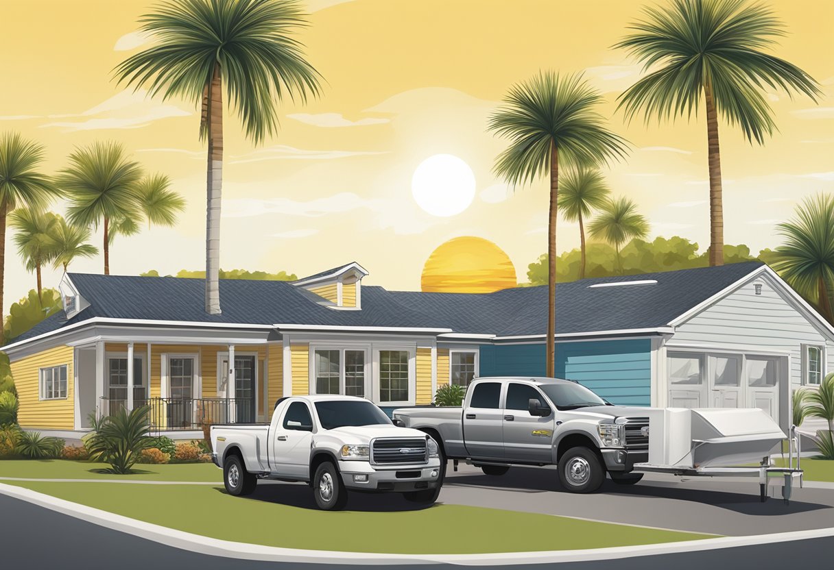 A sunny day in Pensacola, Florida. A roofing company's logo prominently displayed on a truck parked outside a residential home. Palm trees sway in the background