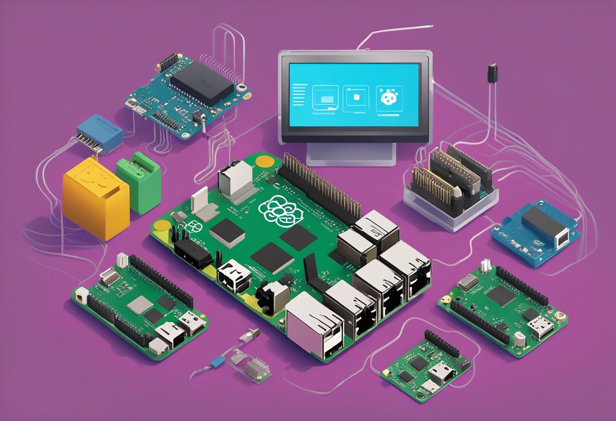 The Raspberry Pi is depicted as a small, versatile computer connected to various IoT devices, such as sensors, cameras, and actuators