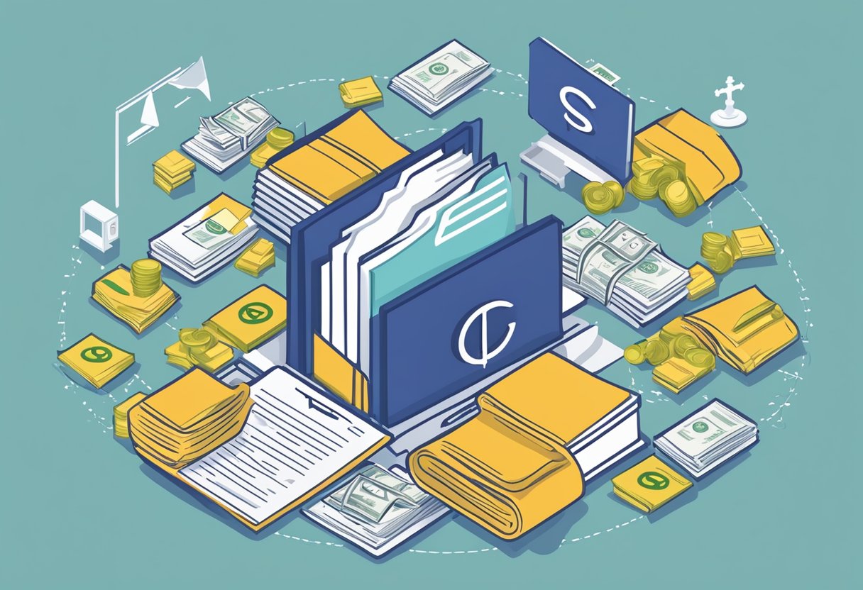 v2 9fob8 o43c6 A business logo surrounded by legal documents and dollar signs, symbolizing the potential for lead generation benefits from TCPA lawsuits