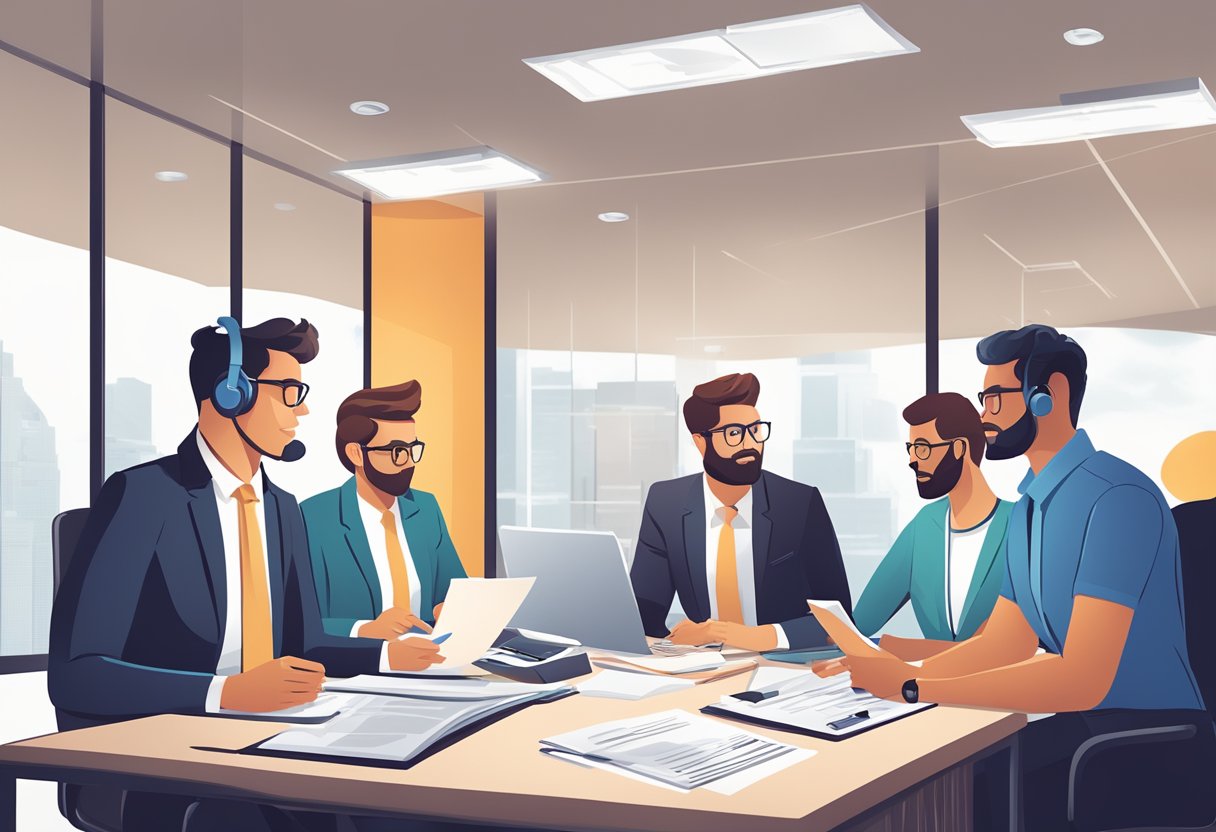 v2 9fobg h83ms A business office with a team discussing TCPA compliance strategies for lead generation, with legal documents and marketing materials on the table