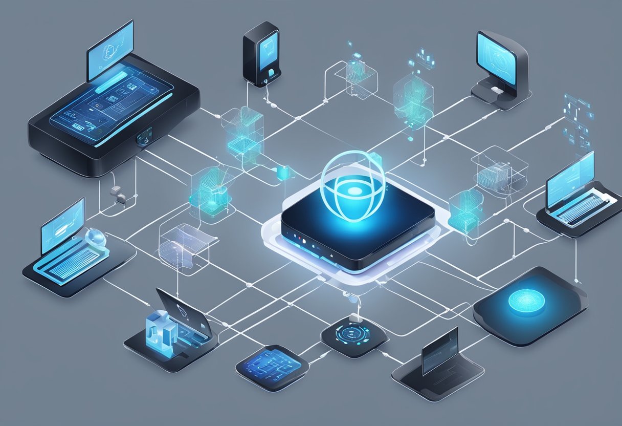 Several IoT devices are connected to a central control hub, with data flowing between them. The hub is adjusting settings and monitoring the devices in real time