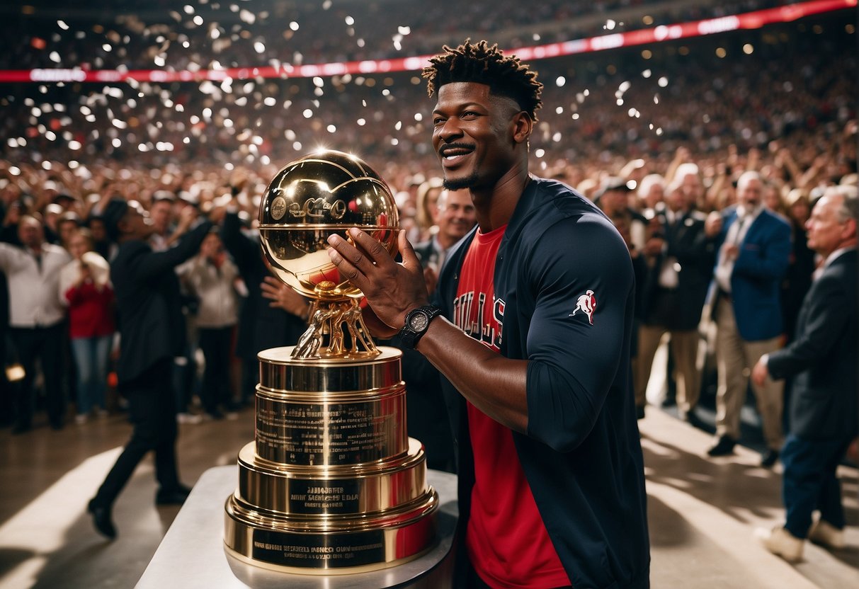 Jimmy Butler and Michael Jordan celebrating their career achievements, surrounded by trophies and awards, with a crowd of fans cheering in the background