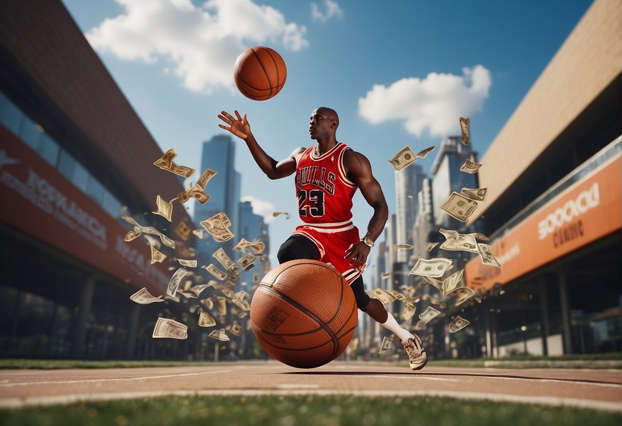 Michael Jordan's global brand and business ventures depicted through a basketball soaring through the air, surrounded by various international landmarks and symbols of entrepreneurship
