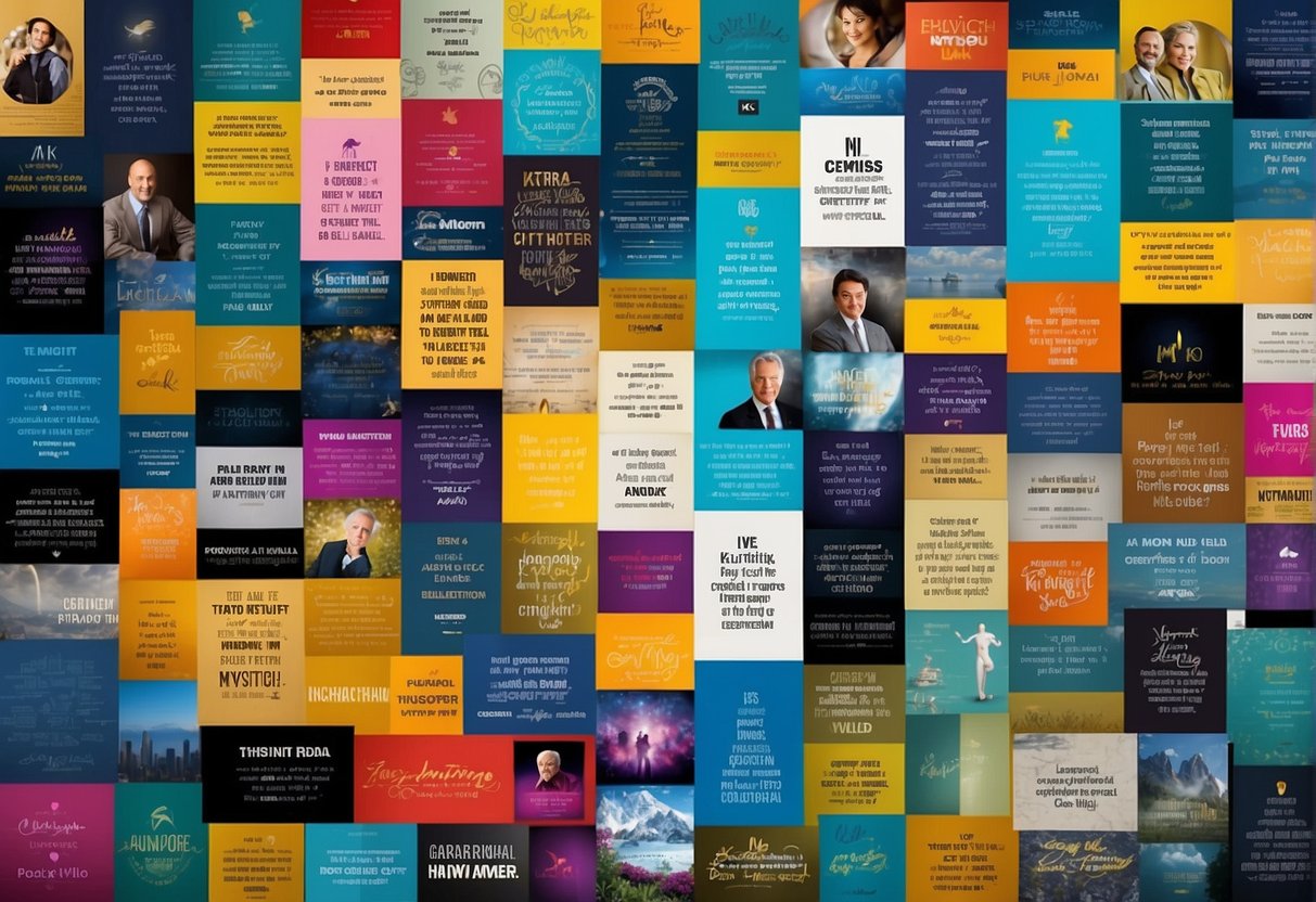 A collection of motivational quotes surrounded by images of influential figures, with a backdrop of vibrant colors and uplifting symbols