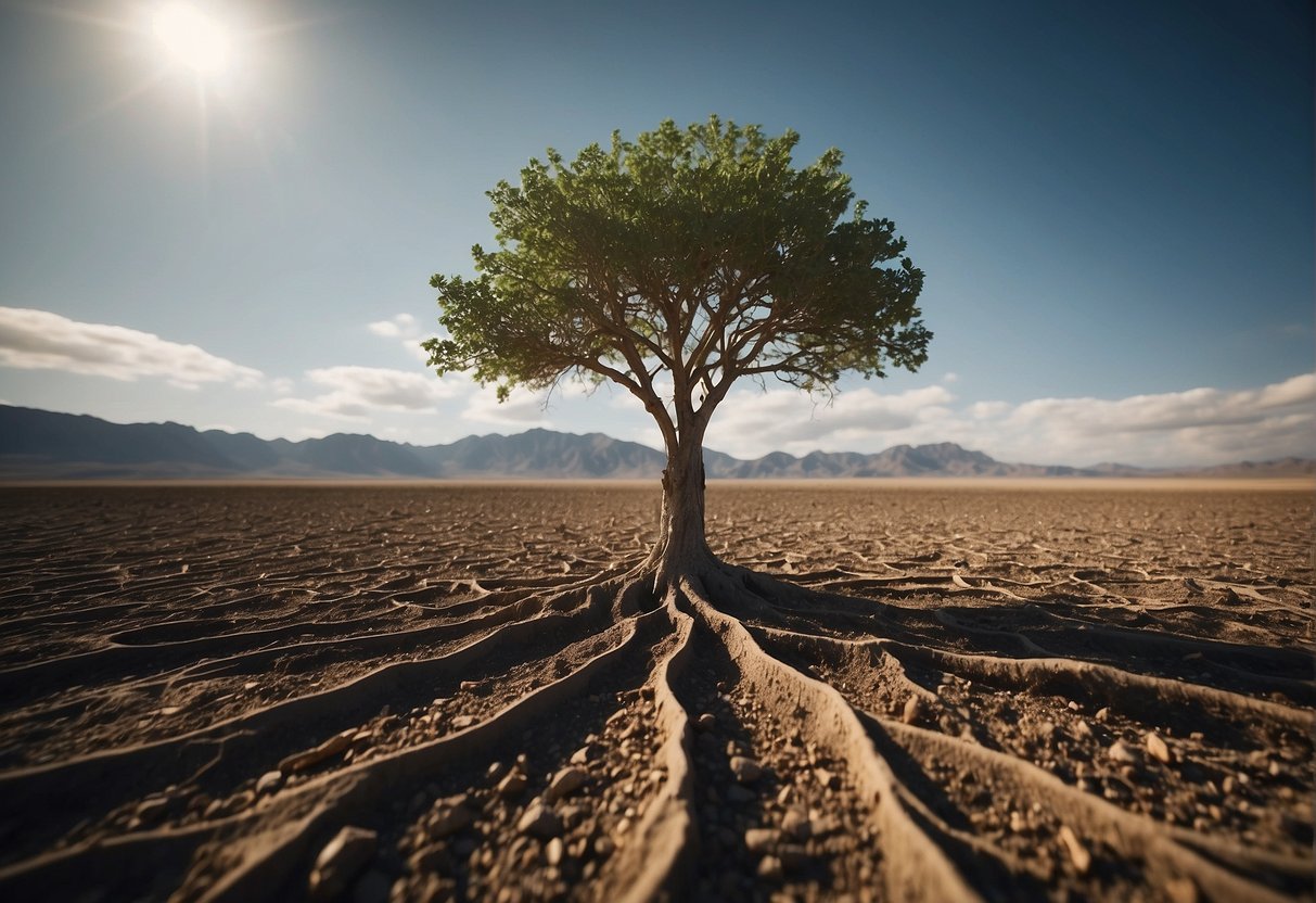 A lone tree stands tall amidst a barren landscape, with strong roots digging deep into the earth, symbolizing resilience and strength in the face of adversity