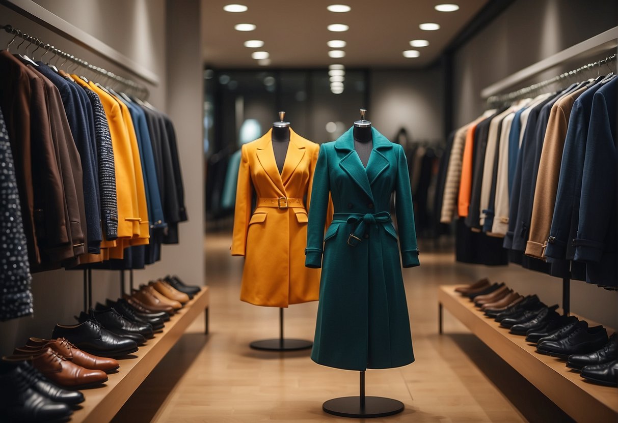 A display of diverse clothing items, showcasing high-quality materials and vibrant colors, arranged neatly in a well-lit showroom