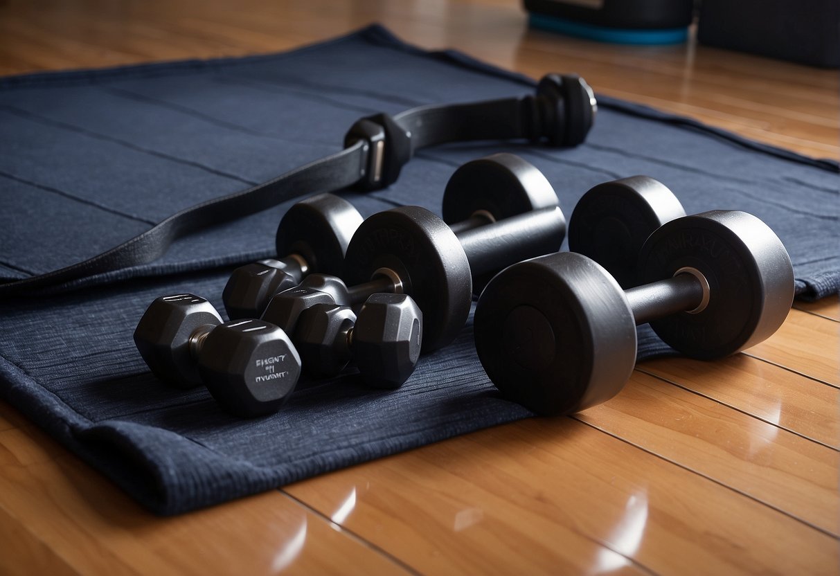 A woman's activewear set from Lane Bryant laid out on a gym mat with dumbbells and a water bottle nearby