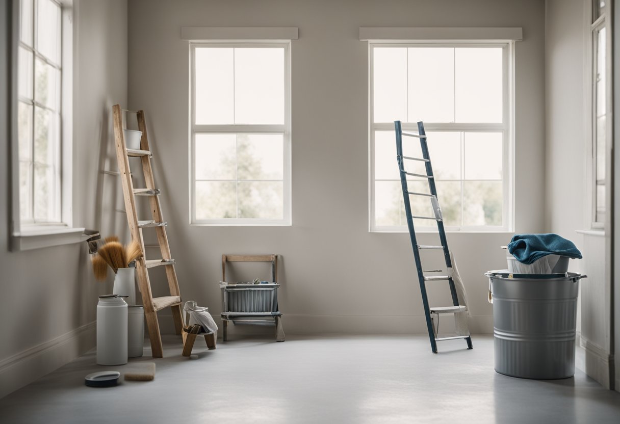 A room with a blank wall, paint cans, brushes, and drop cloths. A ladder in the corner. Bright natural light coming in through the window