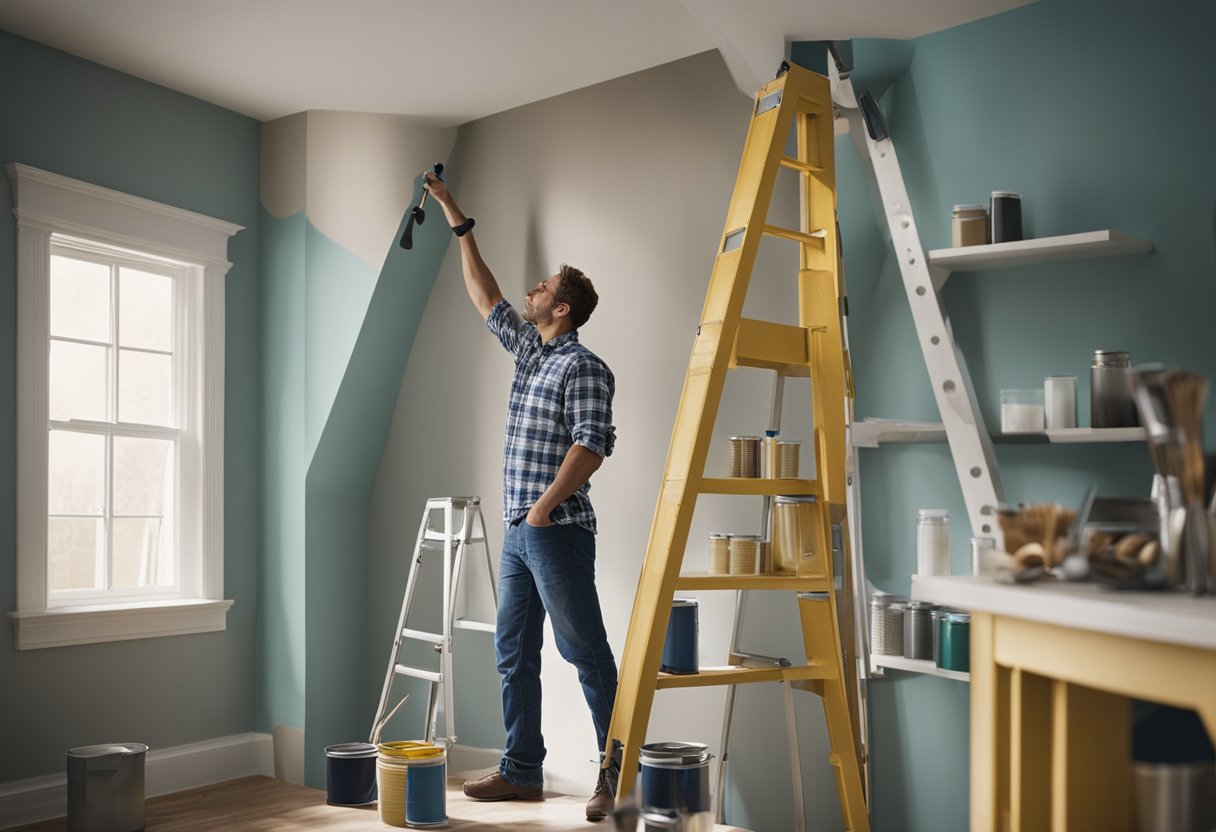 A ladder leans against a freshly primed wall, paint cans and brushes scattered nearby. A contractor reviews color swatches while discussing the project with the homeowner