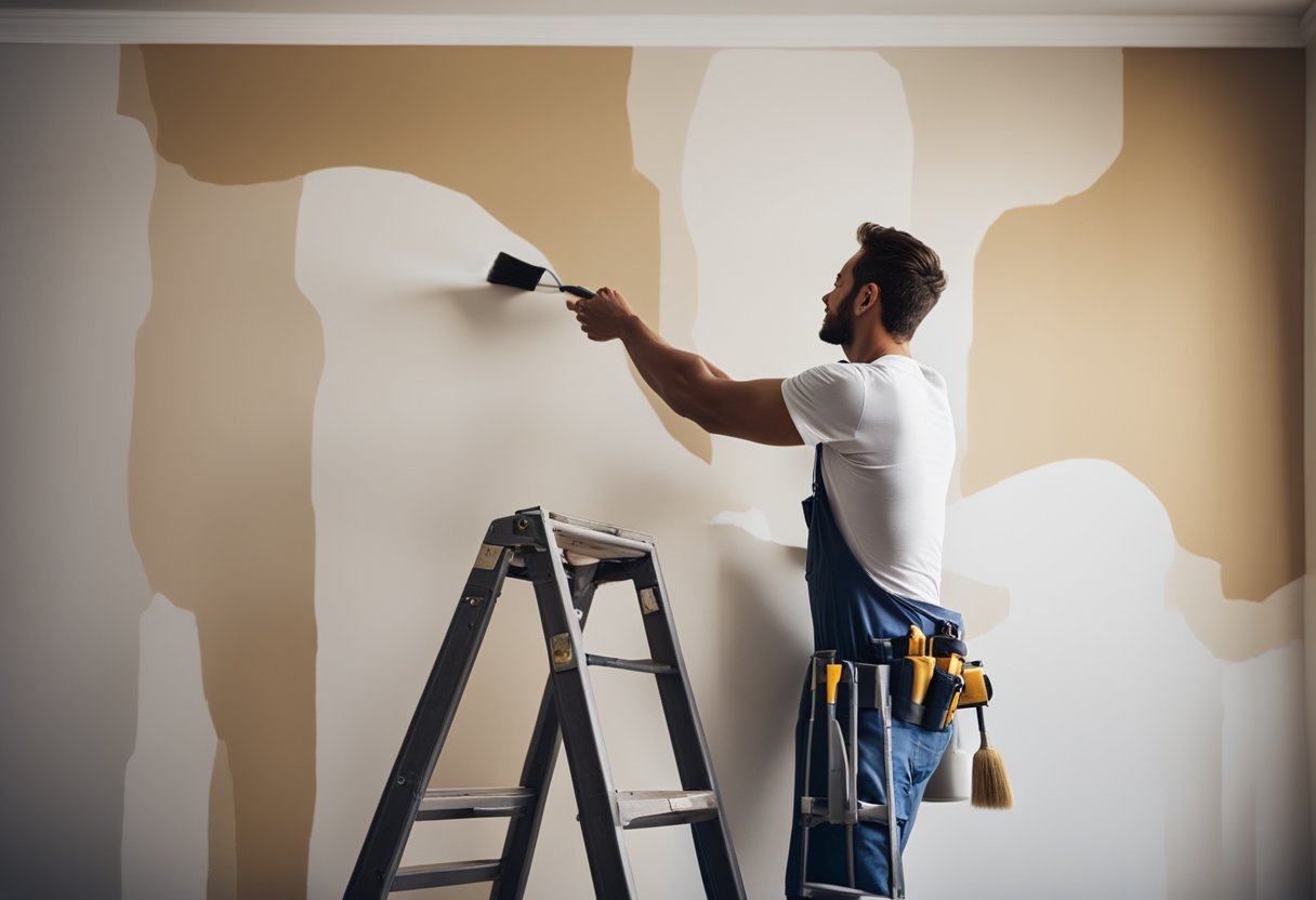 A contractor carefully paints the walls of a well-lit room, using precision and attention to detail. Paint cans and brushes are neatly organized nearby
